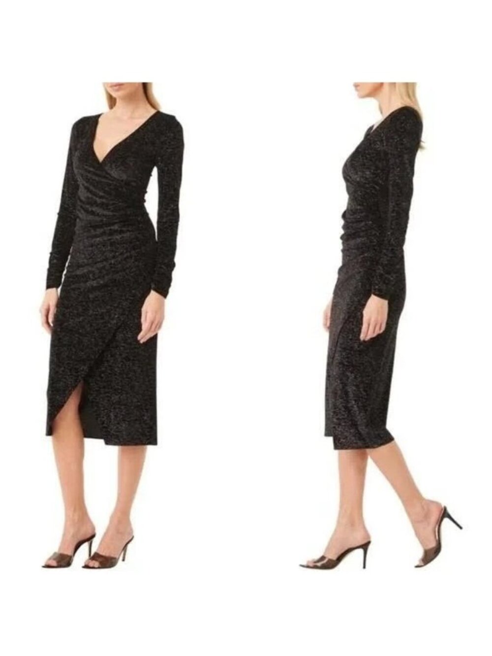 Misa Setarah Metallic Faux-wrap Midi Dress Black Shimmer Extra Large XL NWT $395